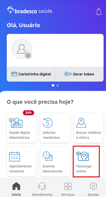 Tela inicial do aplicativo Bradesco Saúde com o atalho para Psicólogo online